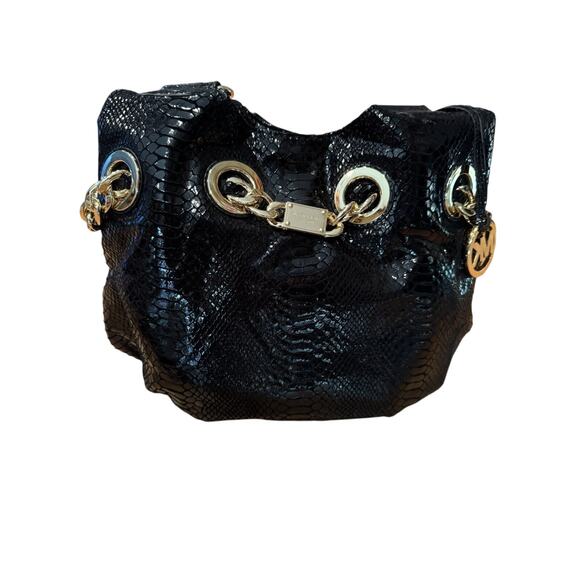 Michael Kors Snakeskin Patent Leather Shoulder Bag Black Gold Chain Glam595 - Picture 8 of 8